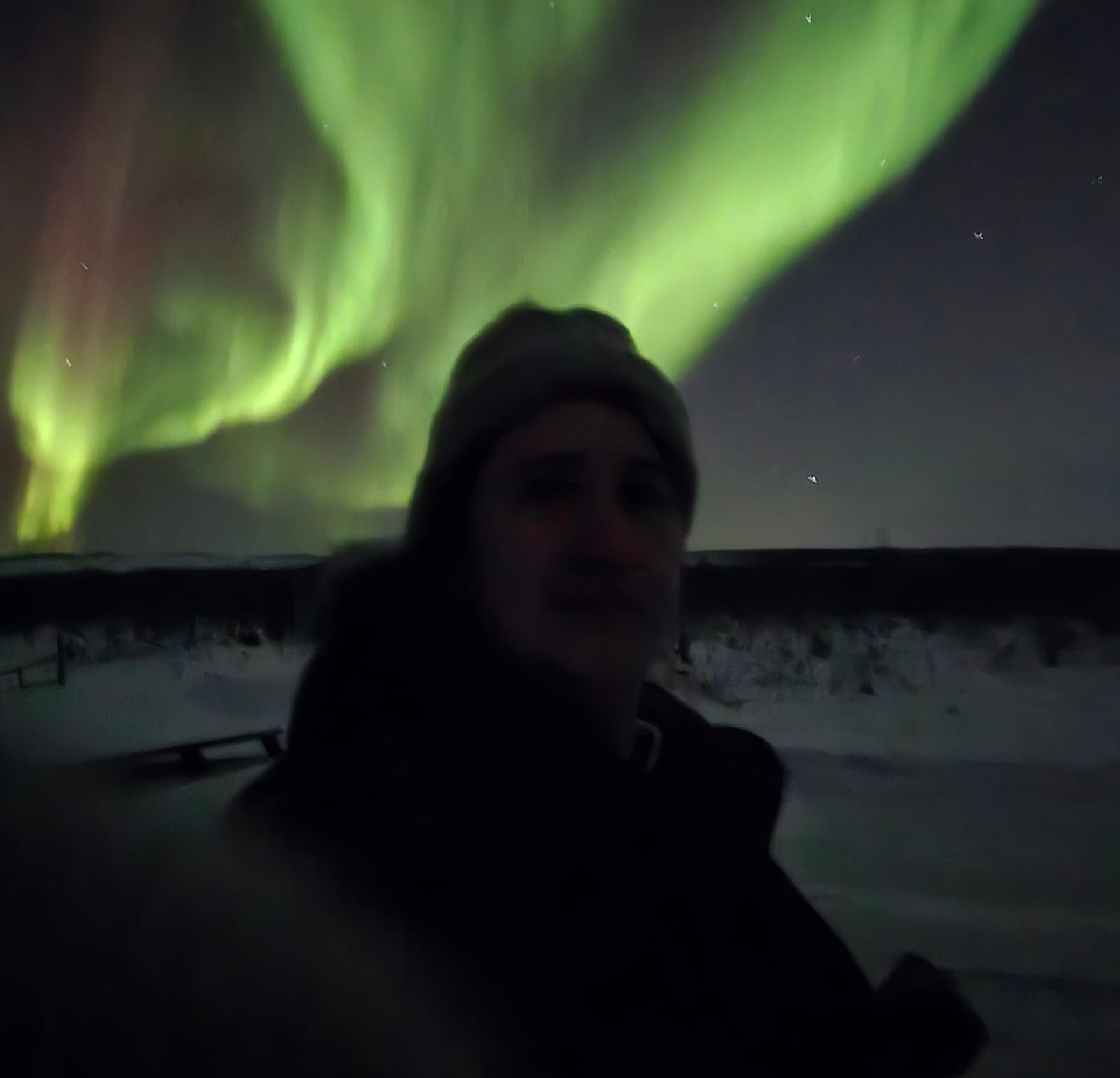 A researcher taking a selfie beneath the northern lights
